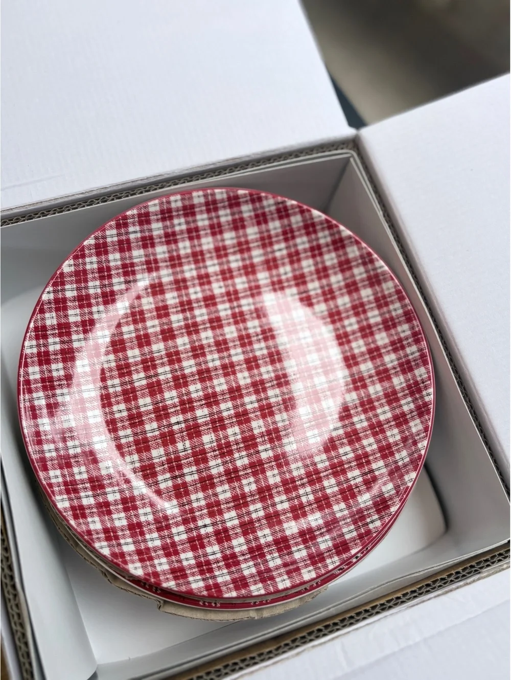 Pier 1 Red Gingham Salad Plates Set of 4  in Original Box 8.5” Stoneware [COPY]